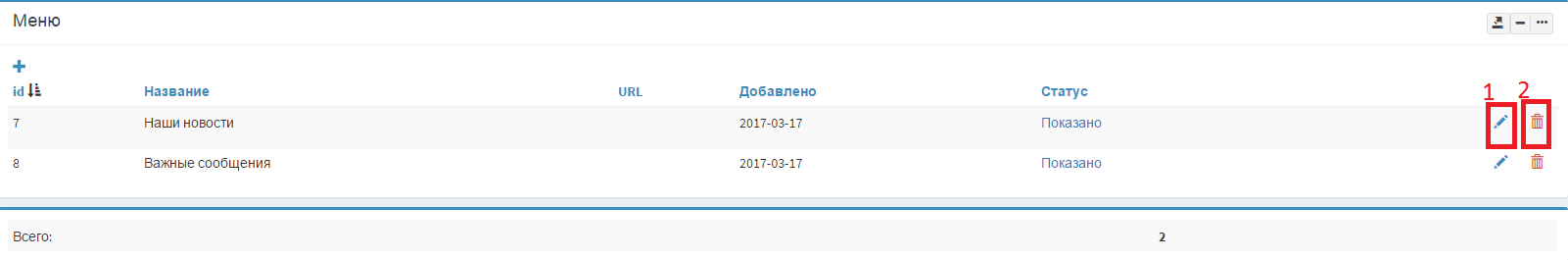 Таблица для изменения/удаления меню